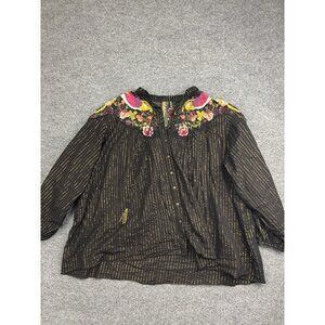 Aratta Melodie Blouse Womens Large Black Gold Stripe Embroidered Bird Tunic Top